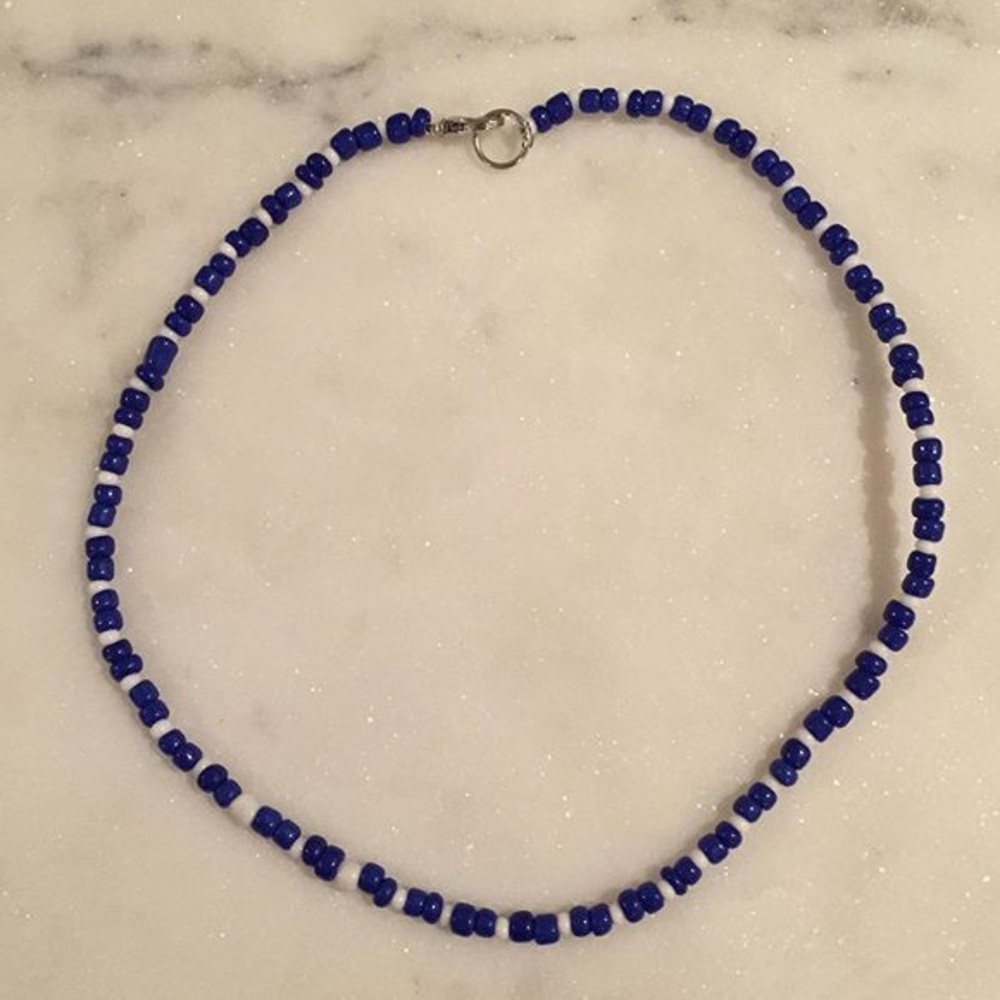 blue and white beaded necklace!